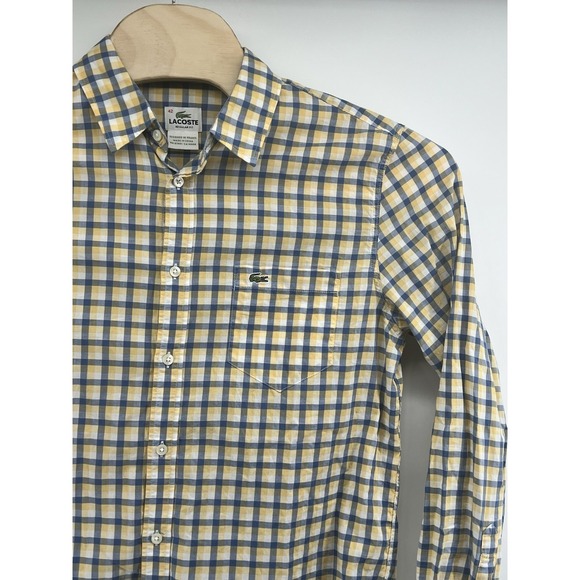 Lacoste Other - Lacoste Reg Fit Button Down Shirt 42 Blue Yellow White Plaid Long Sleeved Cotton